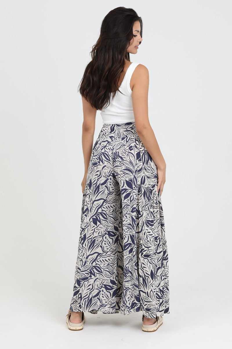 WIDE LEG PANTS WITH TIE WAIST - IVORY/NAVY