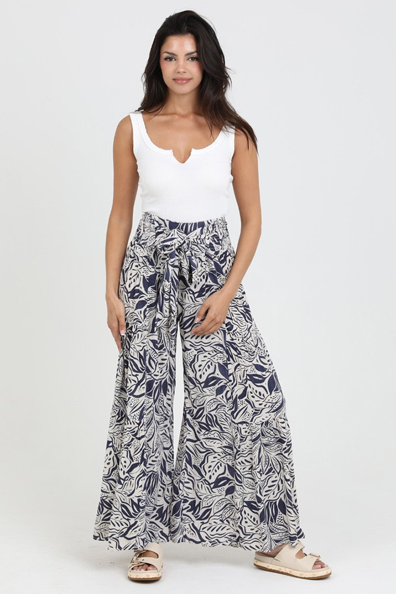 WIDE LEG PANTS WITH TIE WAIST - IVORY/NAVY