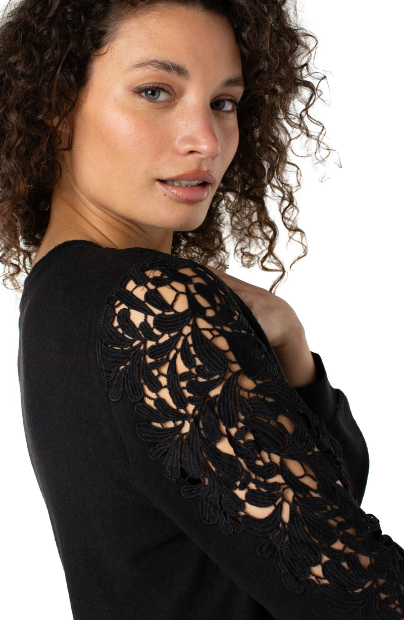 Liverpool Long Sleeve Crew Neck Lace Inset Knit Top - Black