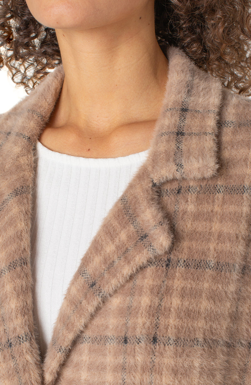 Liverpool Long Sleeve Open Front Sweater Coat - Camel Cream Plaid