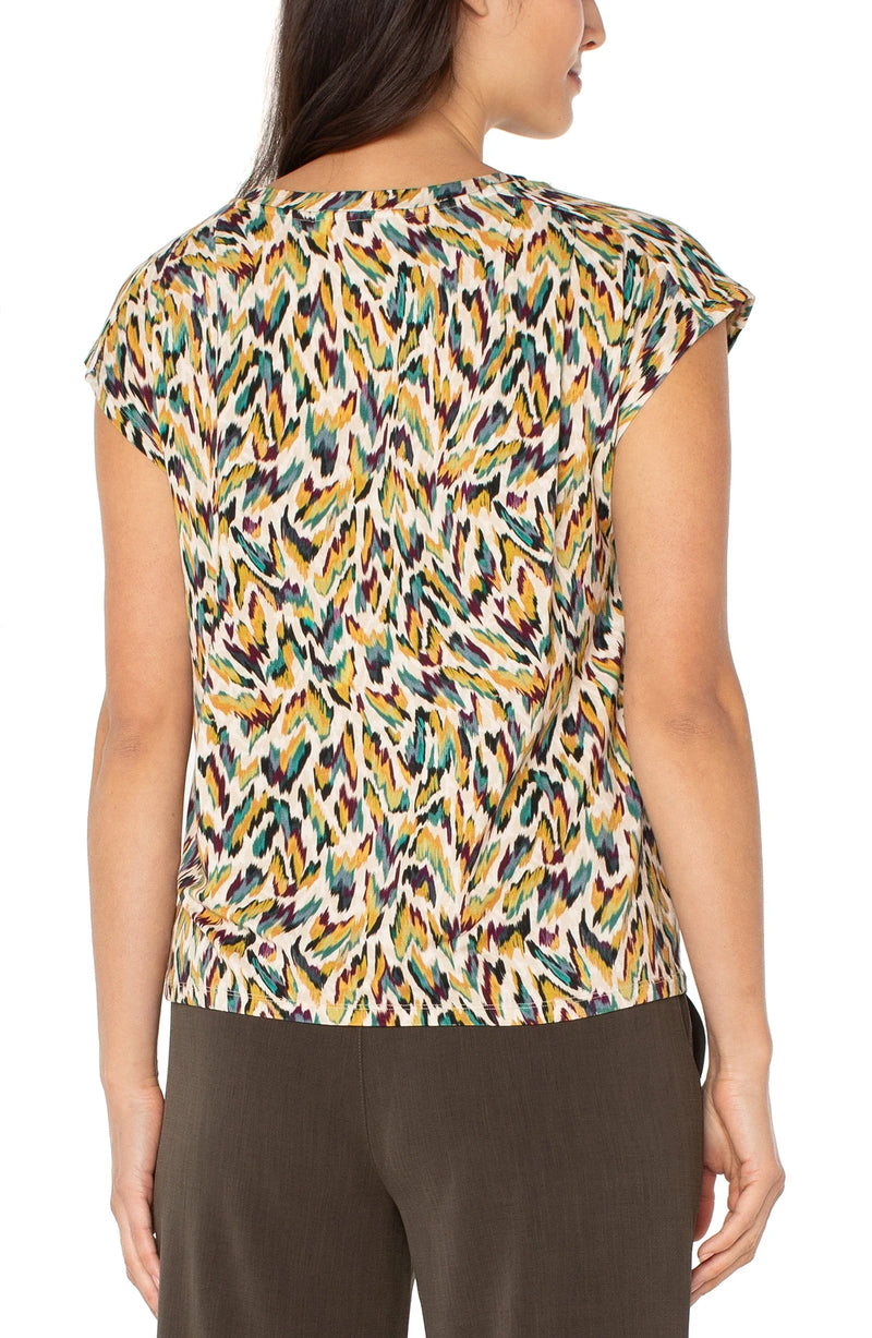 Liverpool Sleeveless Shoulder Pleat Boat Neck Knit Top - Green Multi Animal