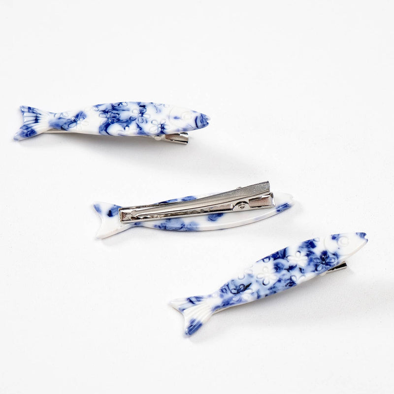 Coastal Blue Floral Sardine Fish Barrette Hair Clip