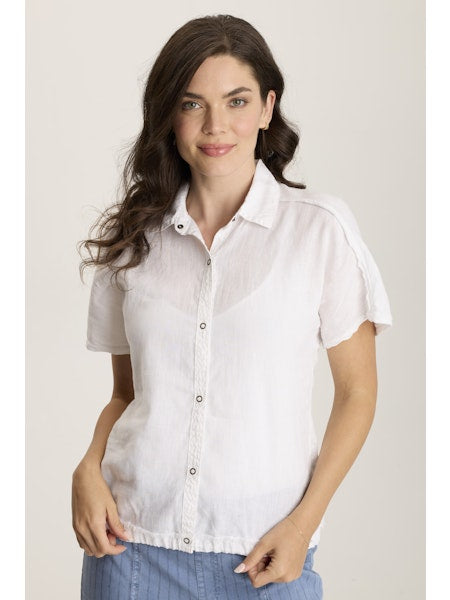 XCVI Inola Linen Cinched Button-Up Top - White