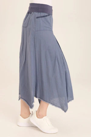 XCVI Wearables Triste Linen Bohemian Sharkbite Maxi Skirt  in Hypnotic Pigment