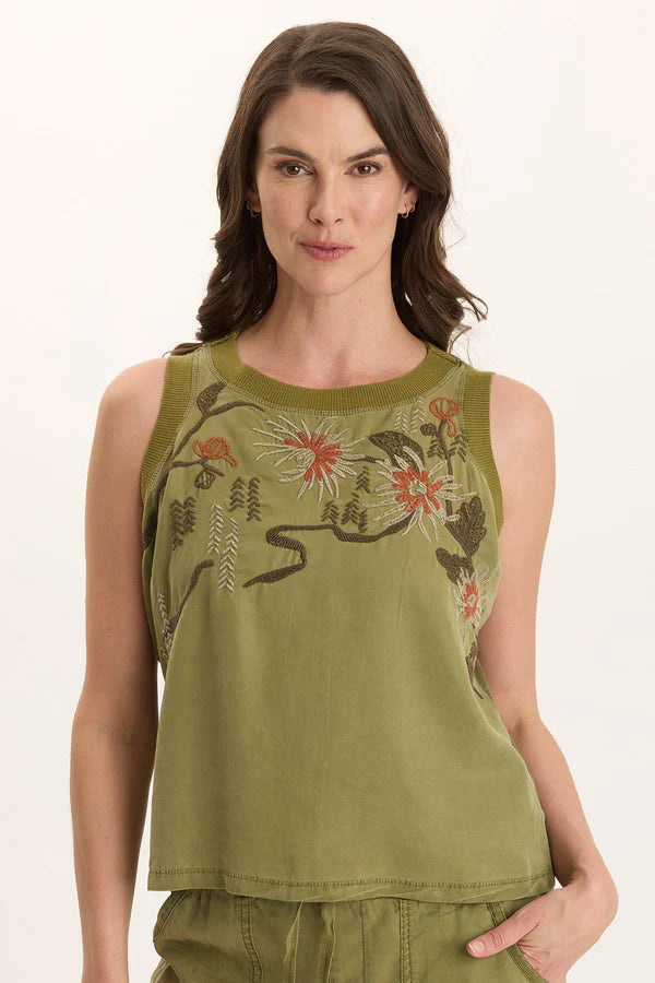 XCVI Katrine Soft Twill Embroidered Artisan Tank  in Thicket Pigment