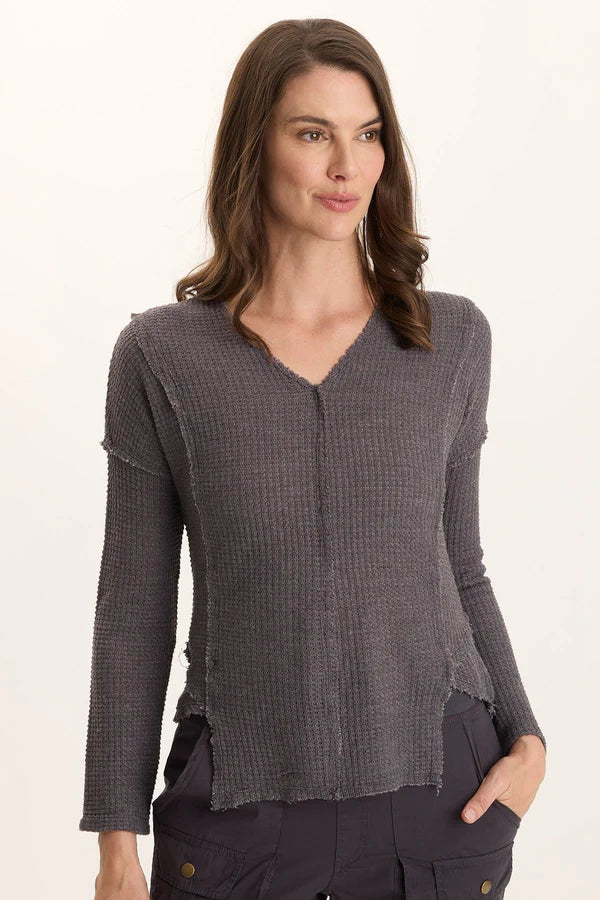 XCVI Arnie Thermal Asymmetrical Hem V-Neck Top  in Ashlar