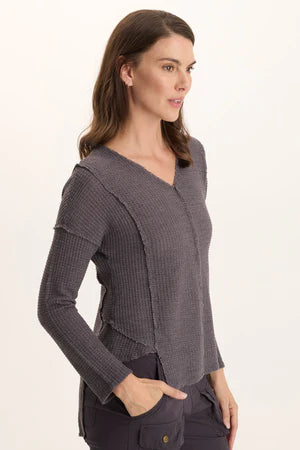 XCVI Arnie Thermal Asymmetrical Hem V-Neck Top  in Ashlar