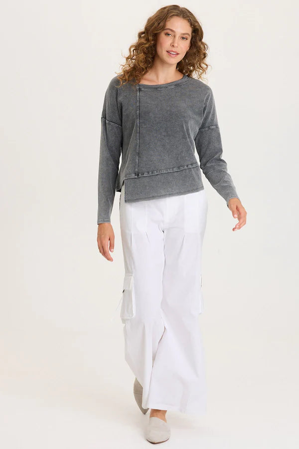 XCVI Hadden Asymmetrical Hem Long Sleeve Top  in Distress Wash Black