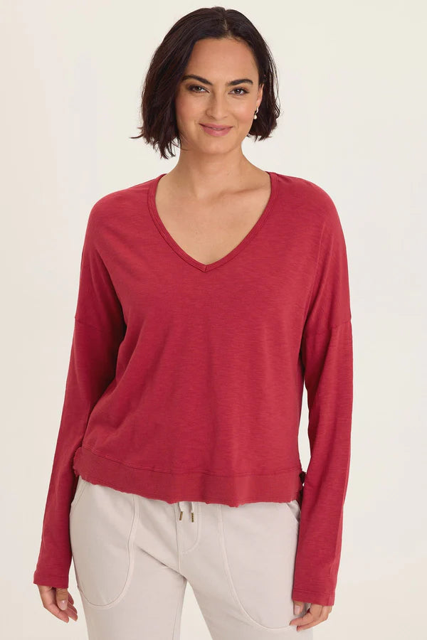 XCVI Wearables Odilia High-Low Long Sleeve V-Neck Top  in Corundum