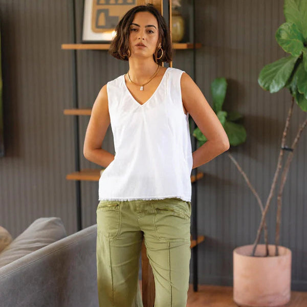 XCVI Wearables Mazie Linen/Jersey V-Neck Tank  in White