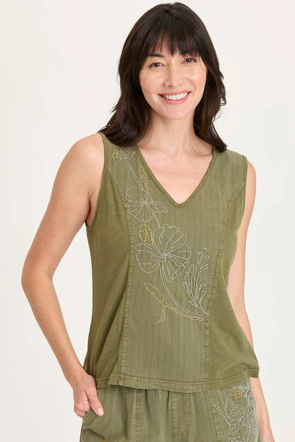 XCVI Siska Embroidered Pinstripe V-Neck Tank Espalier Pigment