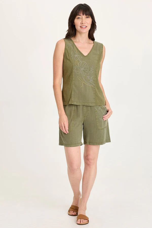 XCVI Siska Embroidered Pinstripe V-Neck Tank Espalier Pigment