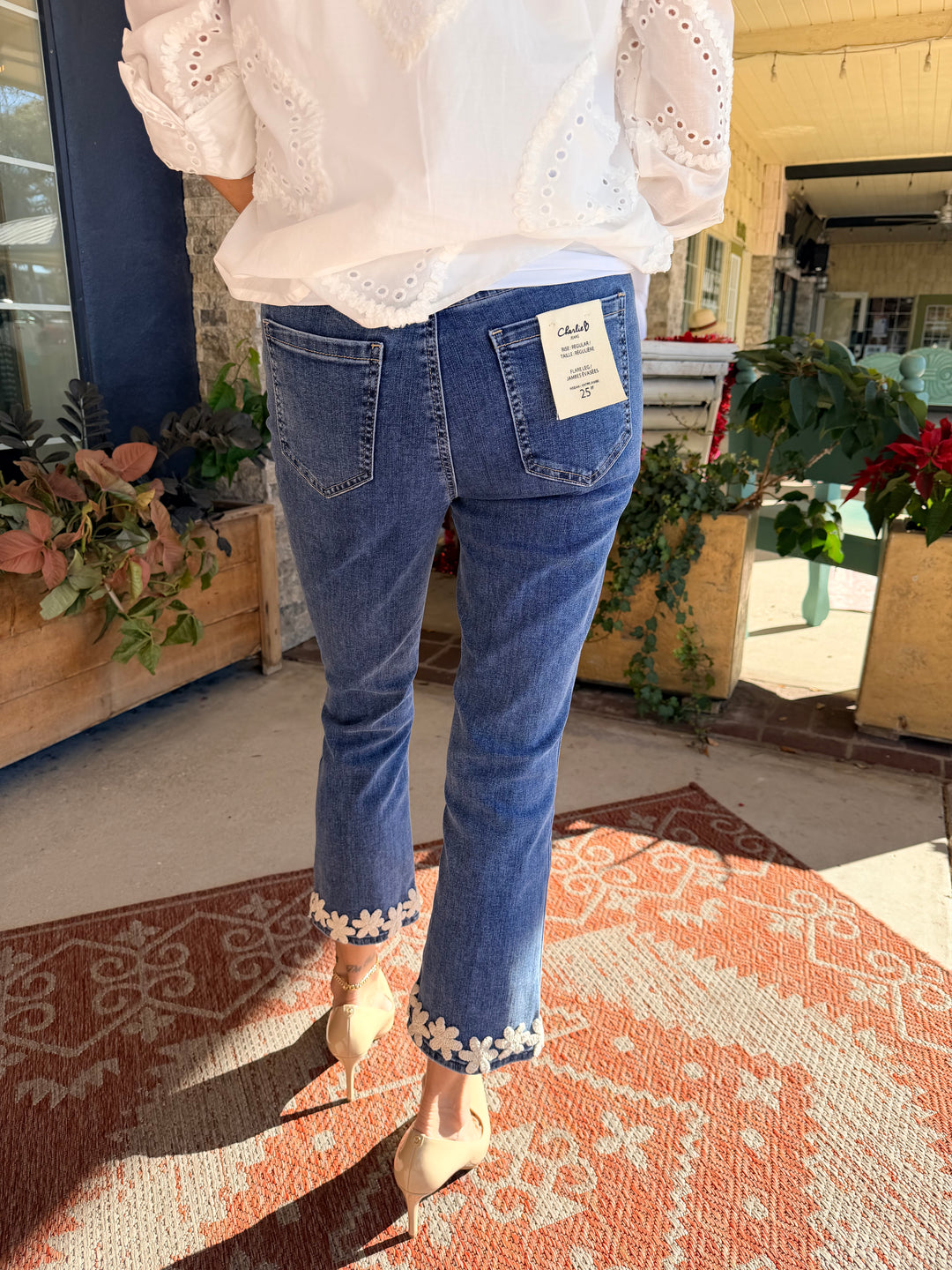 Charlie B Flare Leg Stretch Denim Pants With Floral Trim At Hem