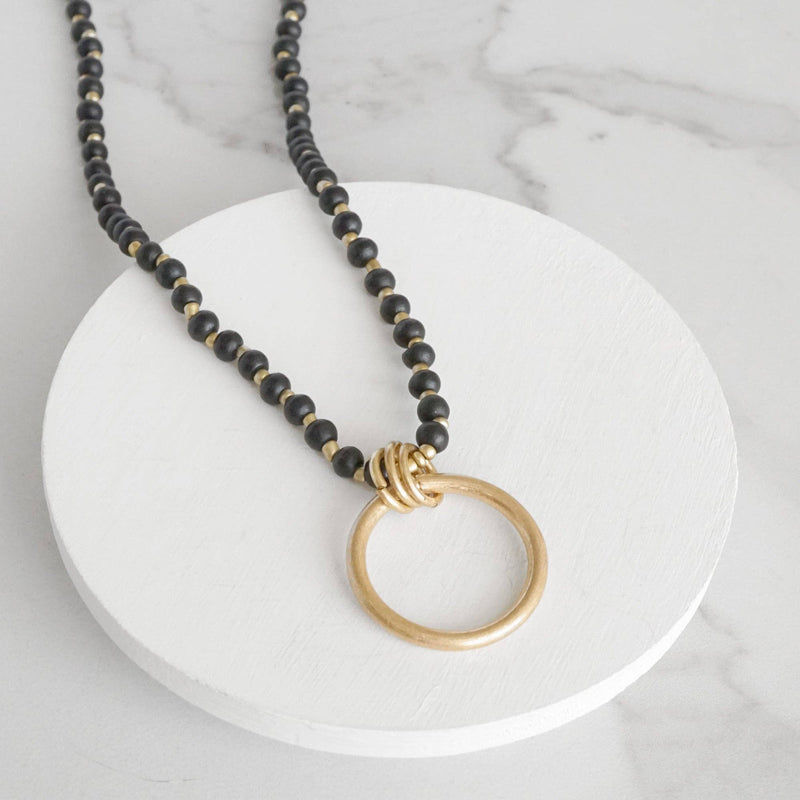 Long Wooden Bead Necklace with gold circle ring - Black