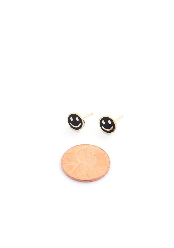 Happy Face Stud Earrings - Black/Gold