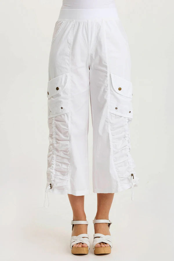 XCVI Muldoon Poplin Ruched Wide-Leg Crop Pant  in White
