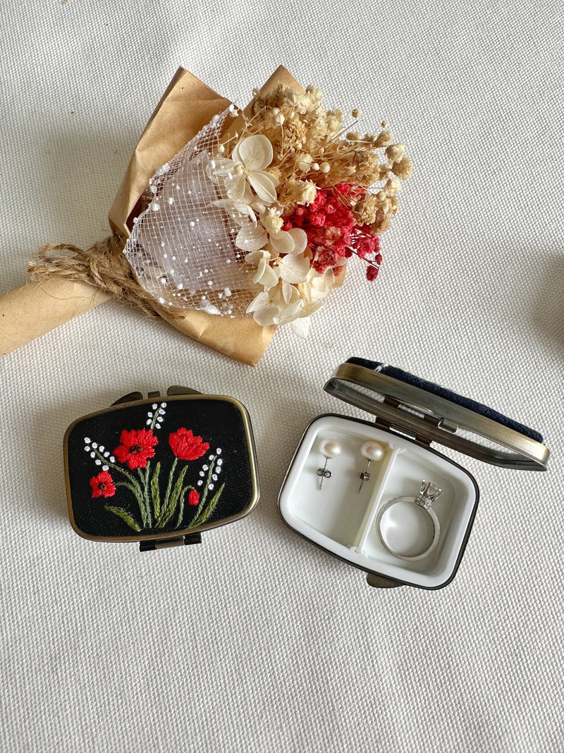 Floral Embroidered Rectangle Mini Jewelry Box (or Pill Box) With Mirror