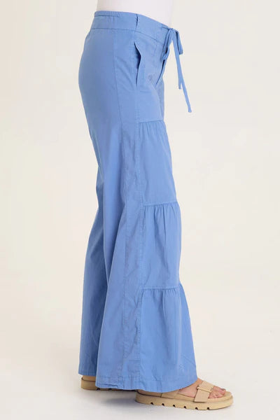 XCVI Wearables Tiered Wide Leg Drawstring Flare Ruched Pant  in Shasta Lake