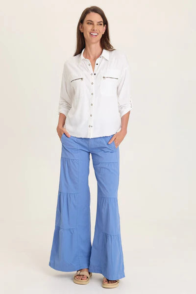XCVI Wearables Tiered Wide Leg Drawstring Flare Ruched Pant  in Shasta Lake
