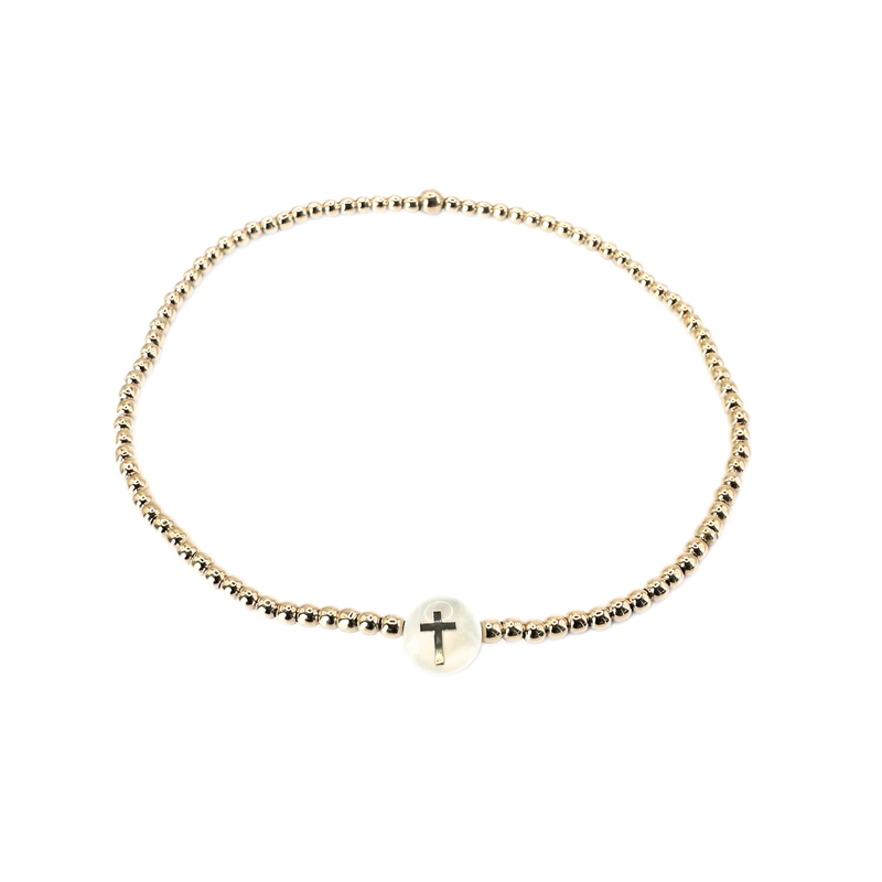 2mm Gold Filled Cross Mother of Pearl Charm Waterproof Bracelet