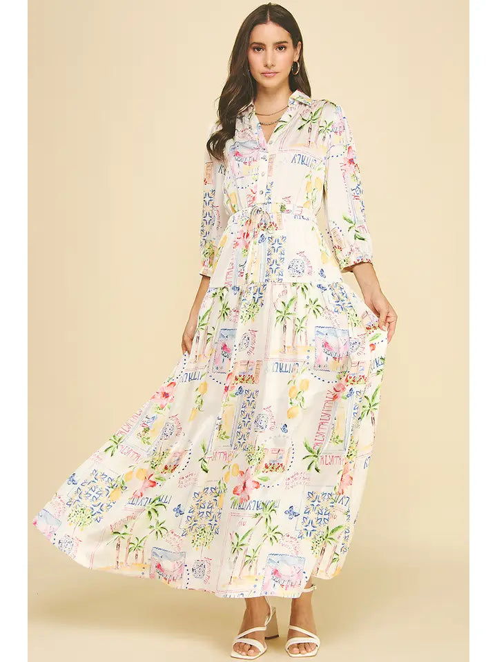 Print Button Down Maxi Dress - Cream Multi