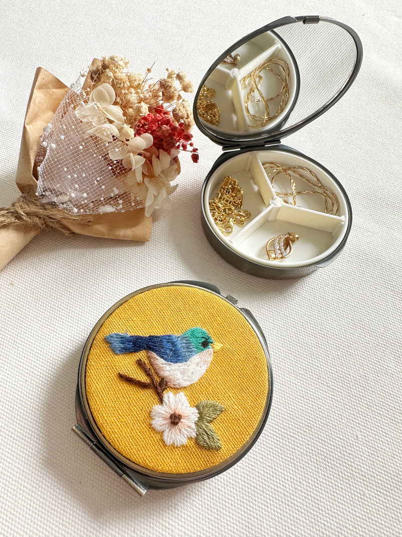 Floral Embroidered Round Jewelry Box (or Pill Box) With MirrorSuccess