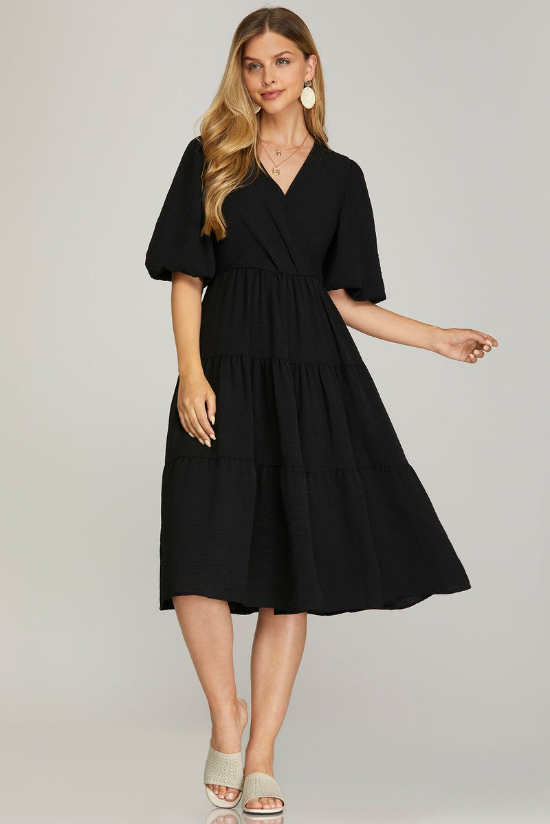 Balloon Sleeve Woven Tiered Wrap Midi Dress - Black