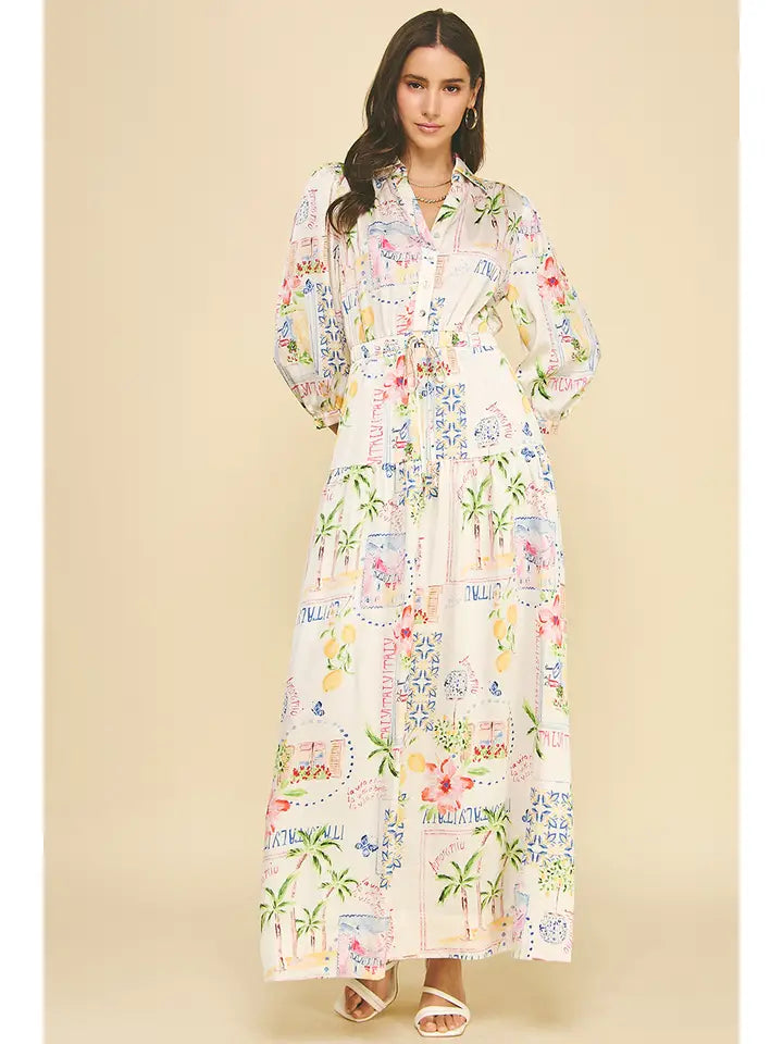 Print Button Down Maxi Dress - Cream Multi