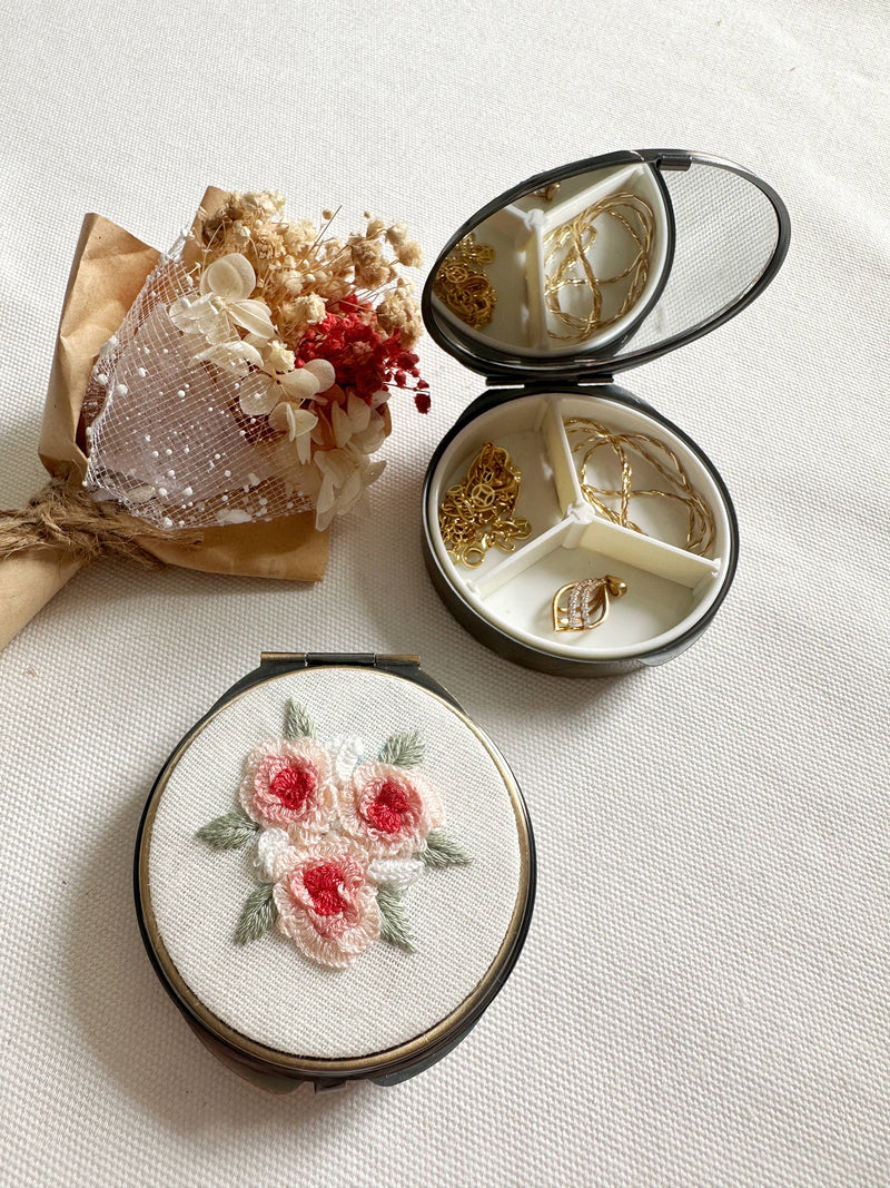 Floral Embroidered Round Jewelry Box (or Pill Box) With MirrorSuccess