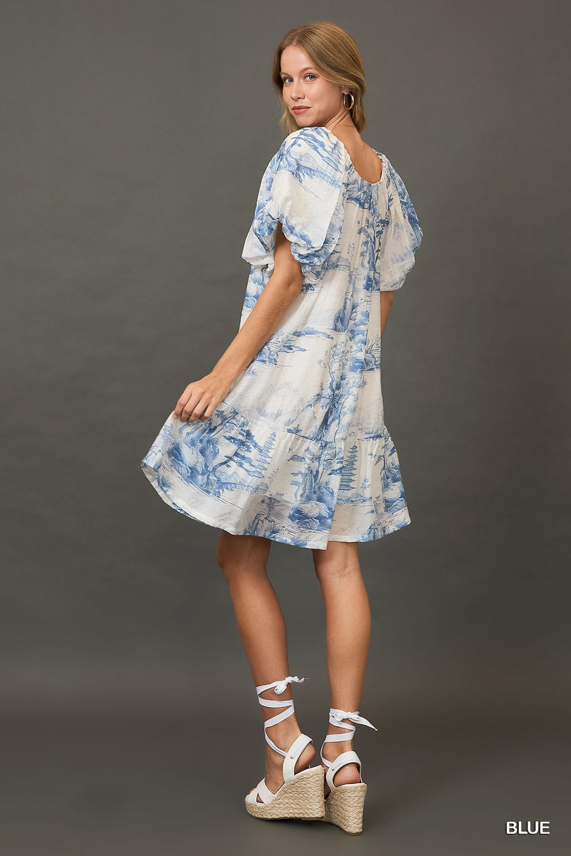 Toile Print Dress with Puff Sleeves - Blue