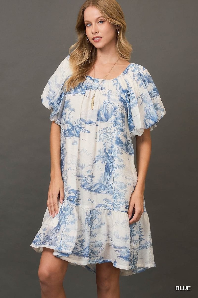 Toile Print Dress with Puff Sleeves - Blue