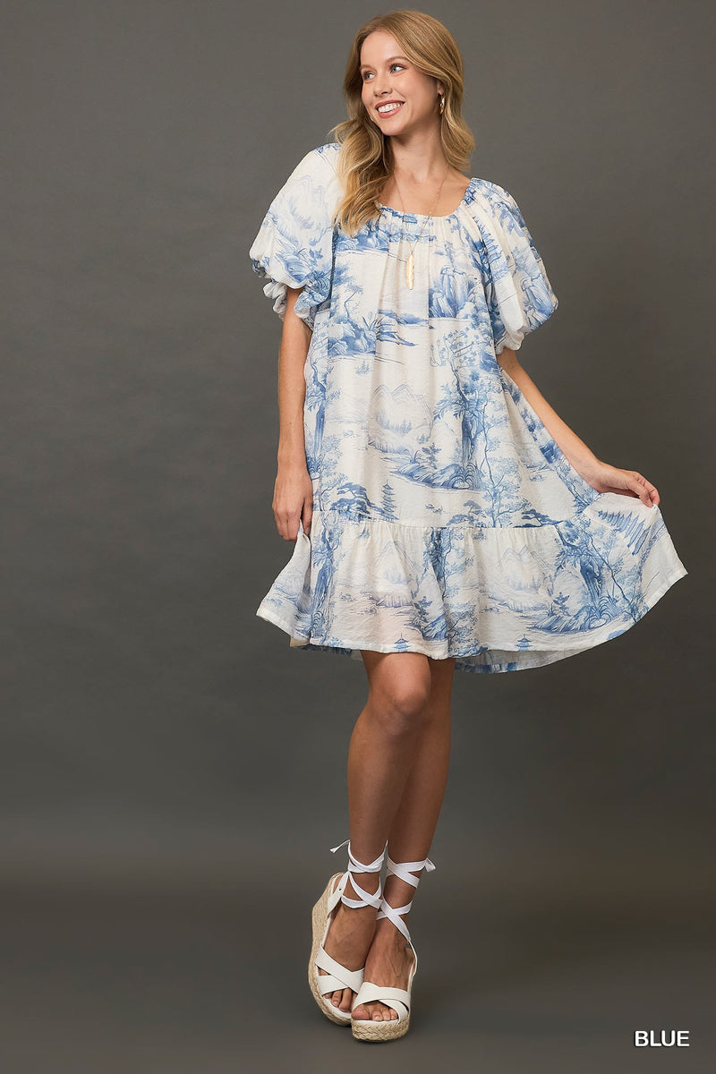 Toile Print Dress with Puff Sleeves - Blue
