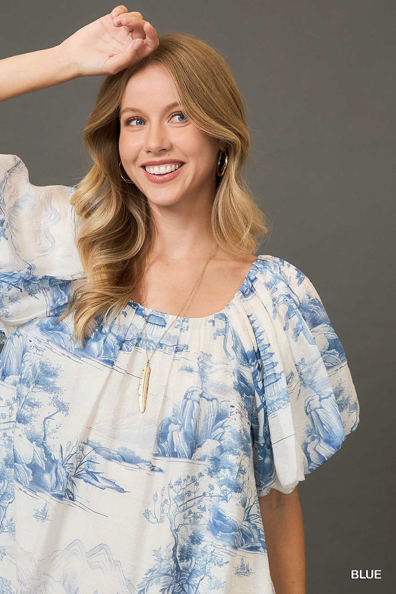Toile Print Dress with Puff Sleeves - Blue