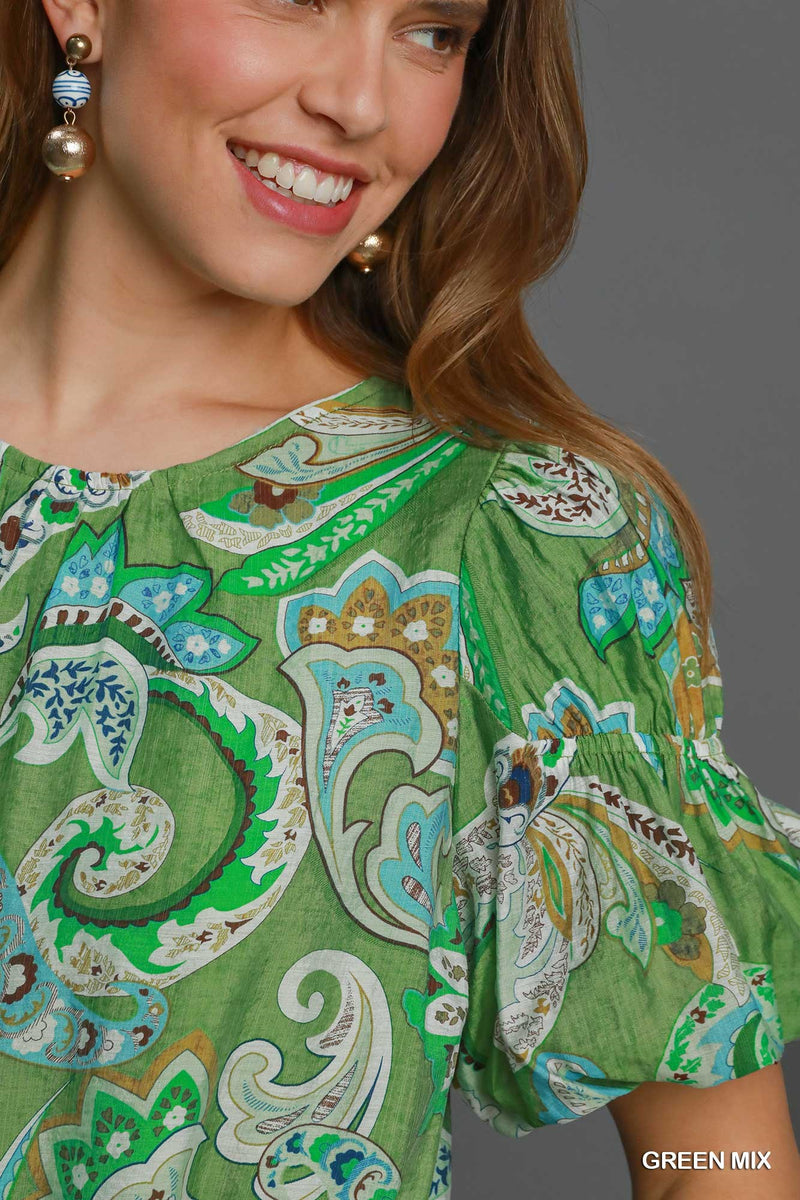 Paisley Print Babydoll Dress - Green