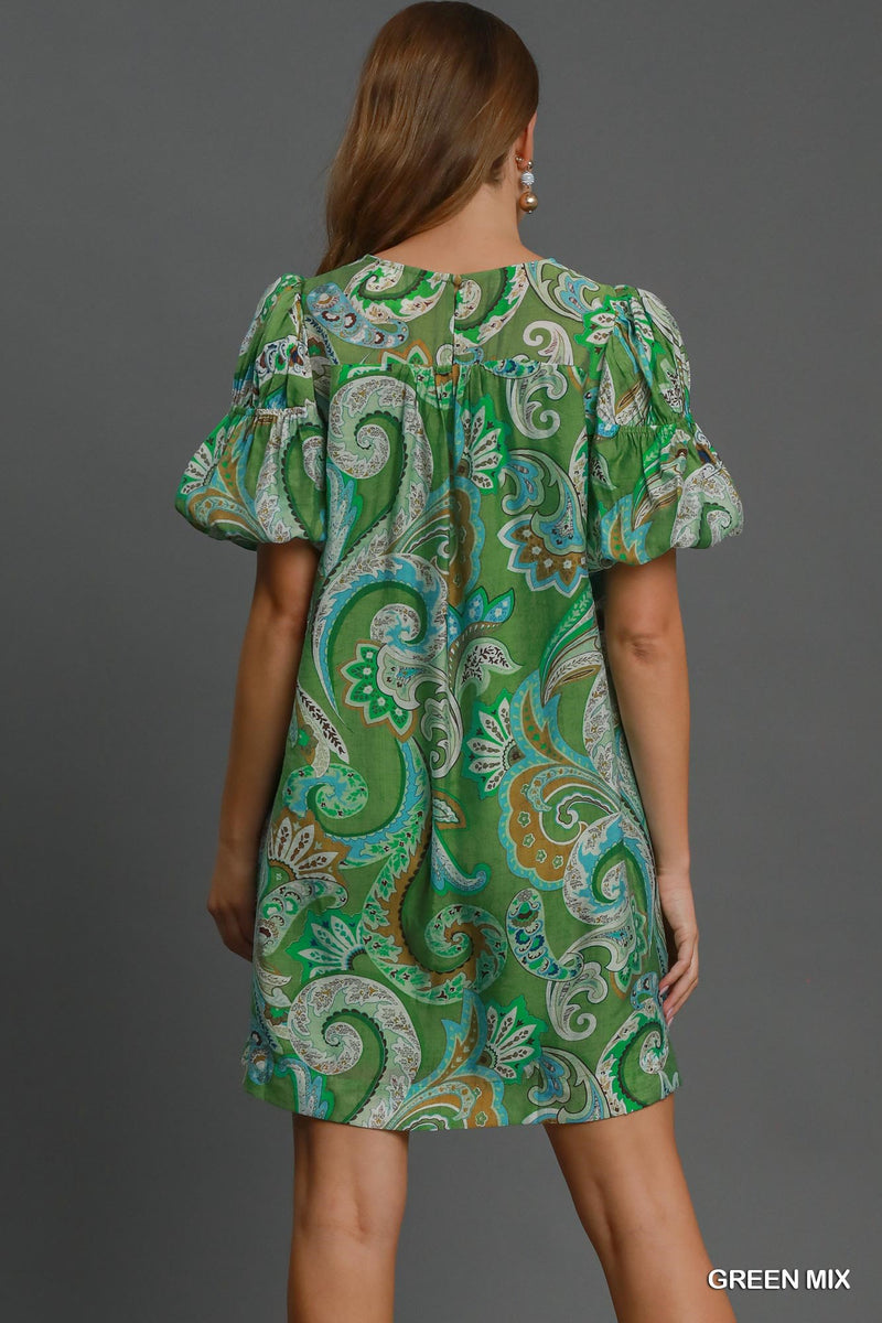 Paisley Print Babydoll Dress - Green