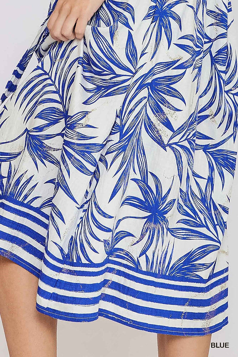 Tropical Print Button Down Midi Dress - Blue