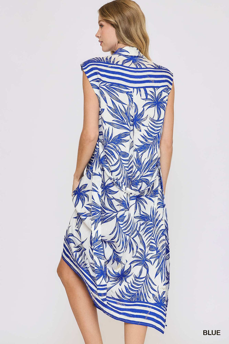 Tropical Print Button Down Midi Dress - Blue