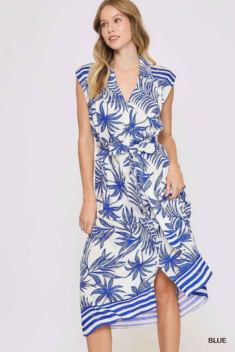 Tropical Print Button Down Midi Dress - Blue