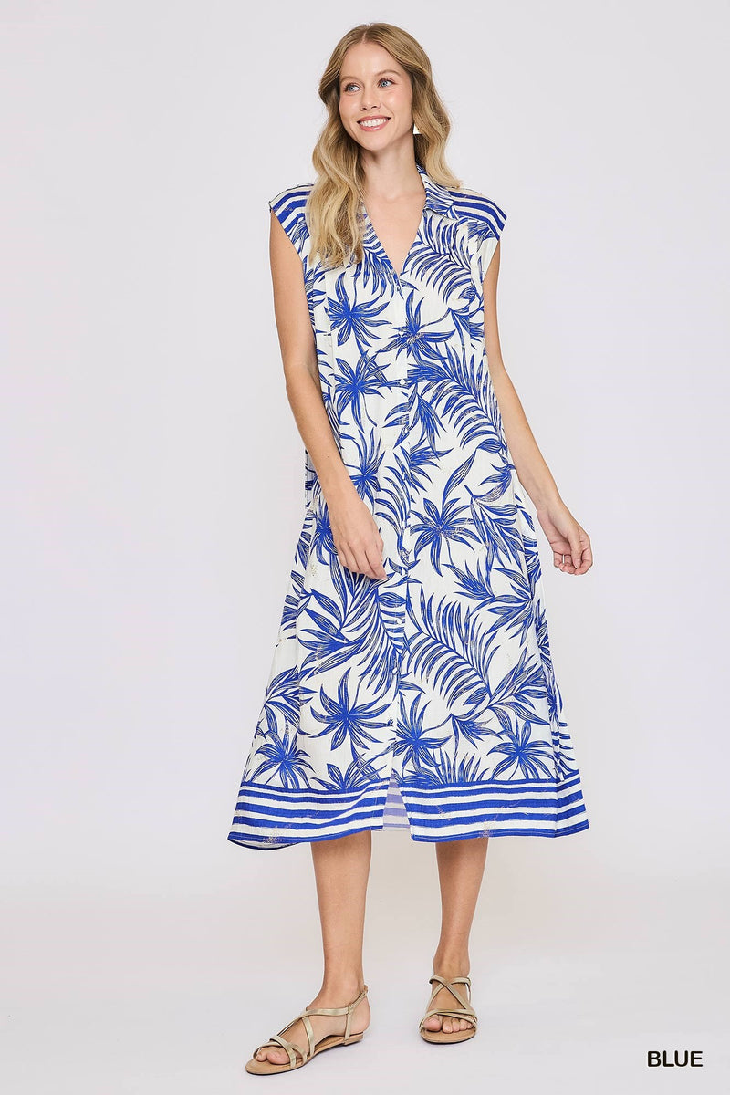 Tropical Print Button Down Midi Dress - Blue