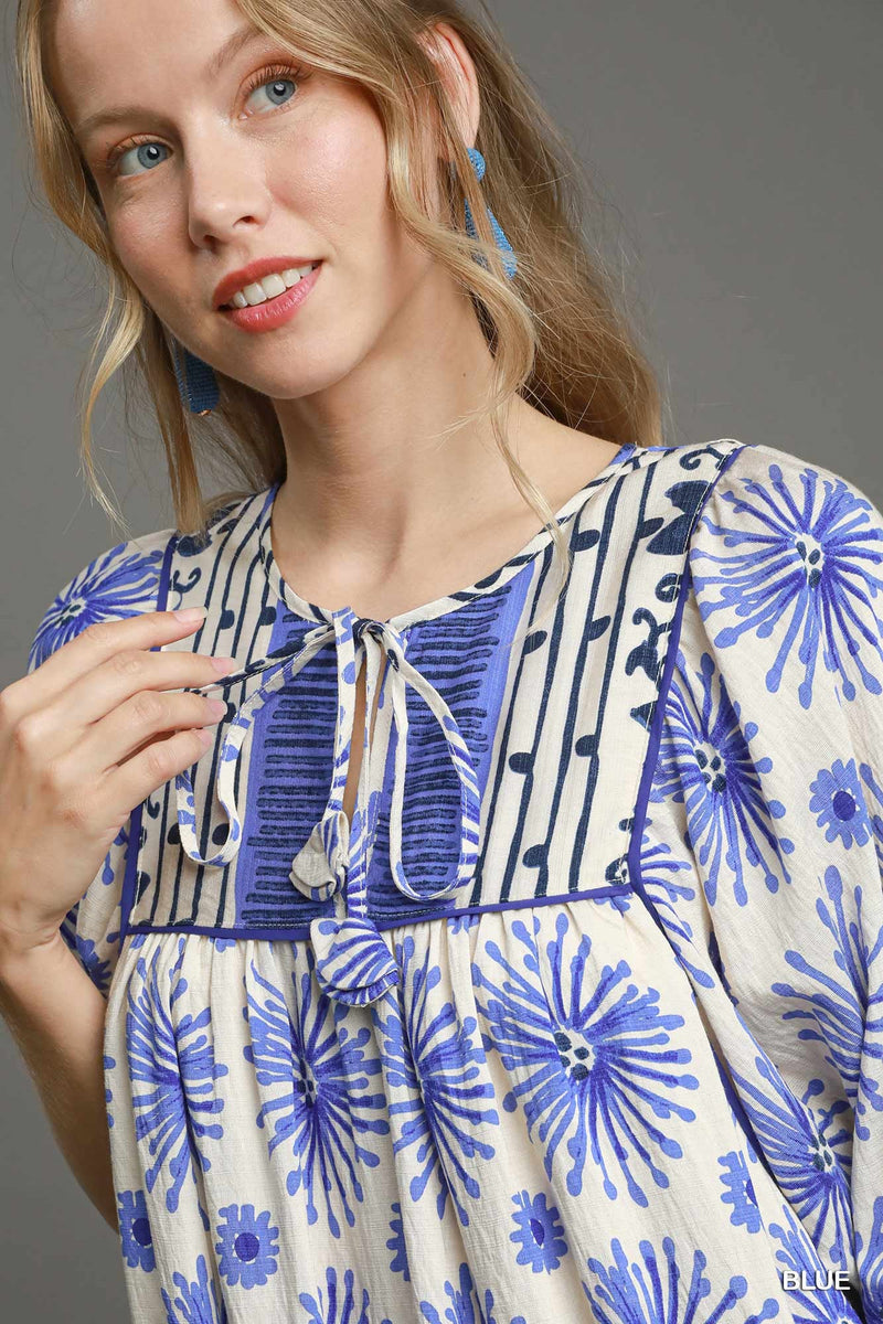 Mixed Border Print Mini Dress - Blue