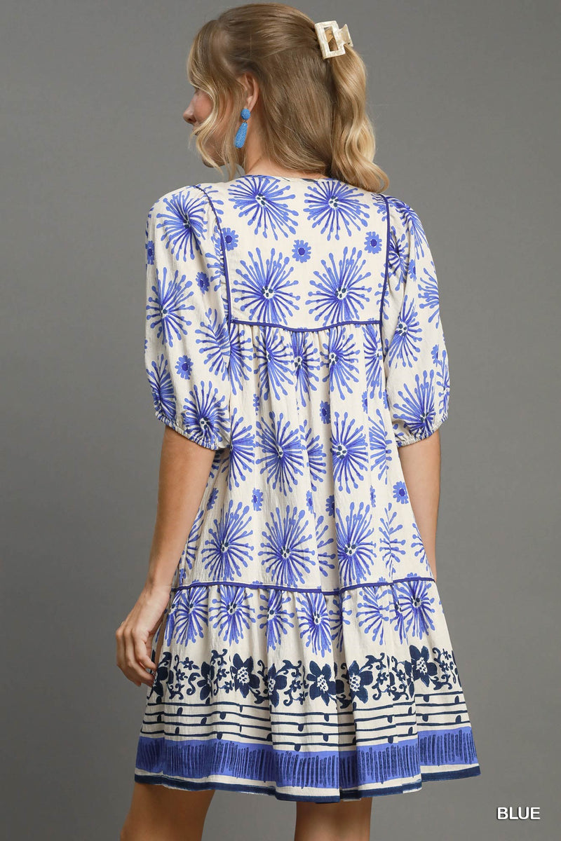 Mixed Border Print Mini Dress - Blue