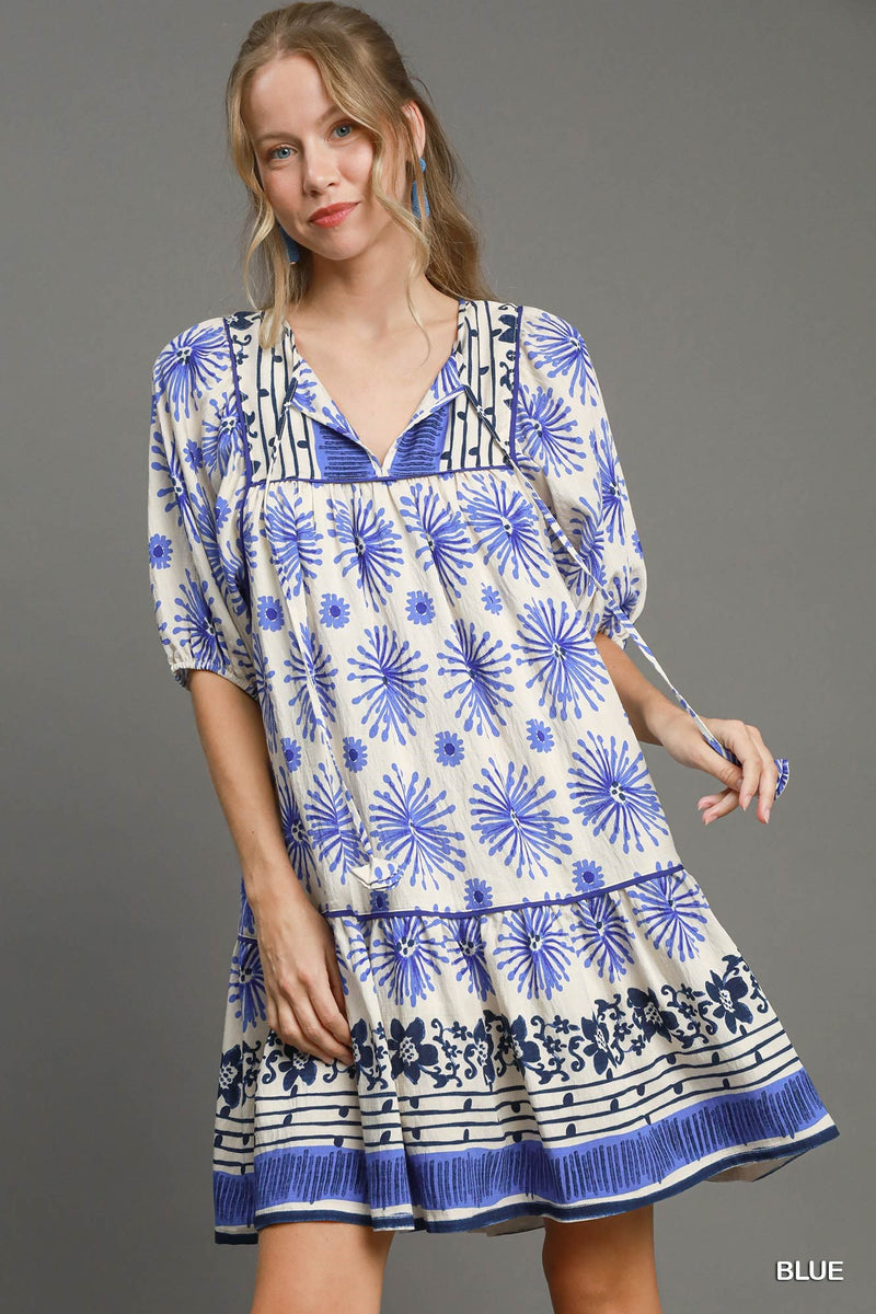 Mixed Border Print Mini Dress - Blue