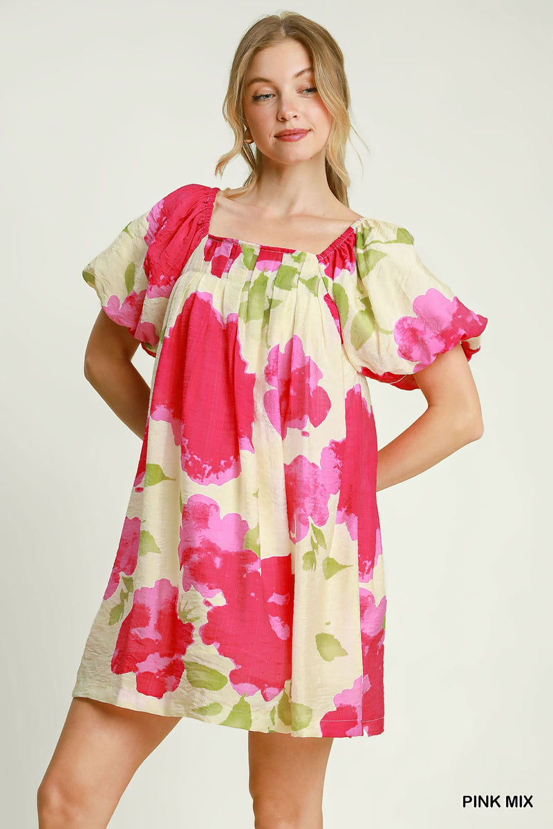 Waterfall Floral Print w/ Puff Sleeves Mini Dress - Pink