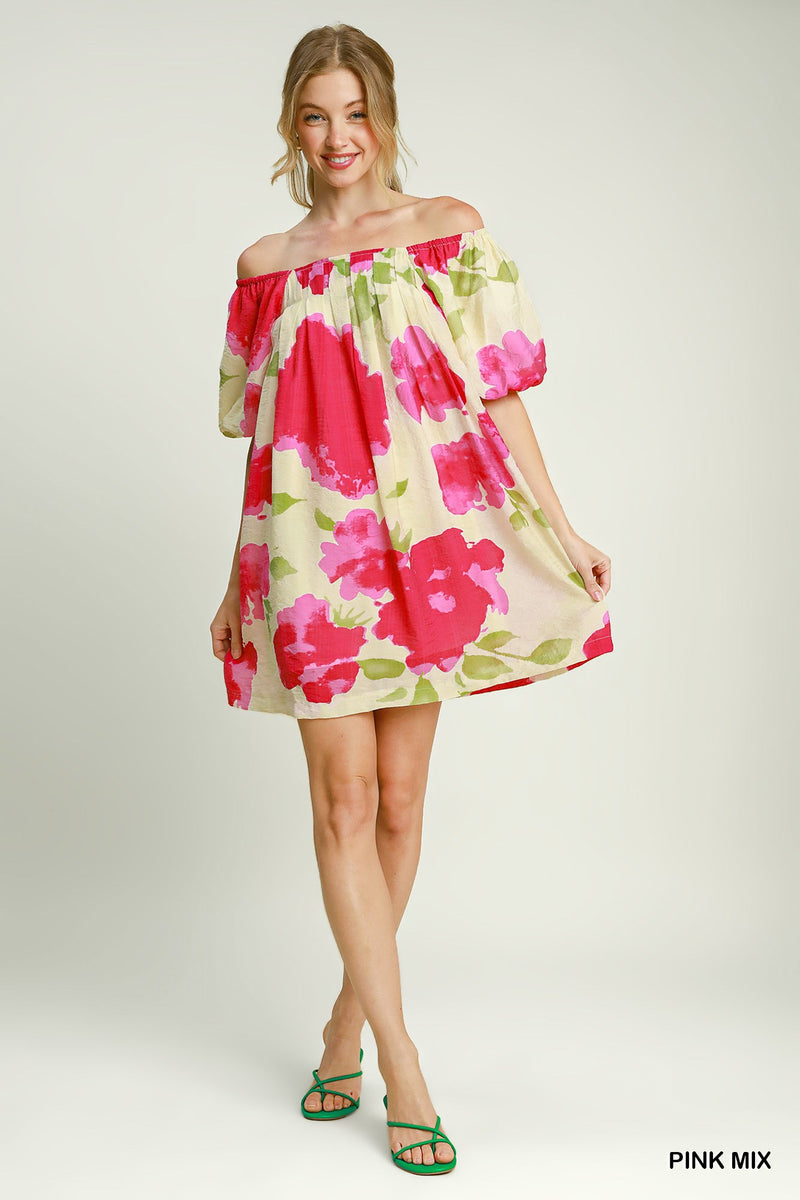 Waterfall Floral Print w/ Puff Sleeves Mini Dress - Pink