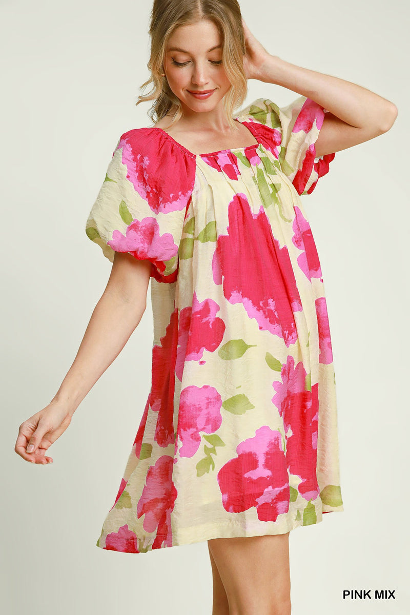 Waterfall Floral Print w/ Puff Sleeves Mini Dress - Pink