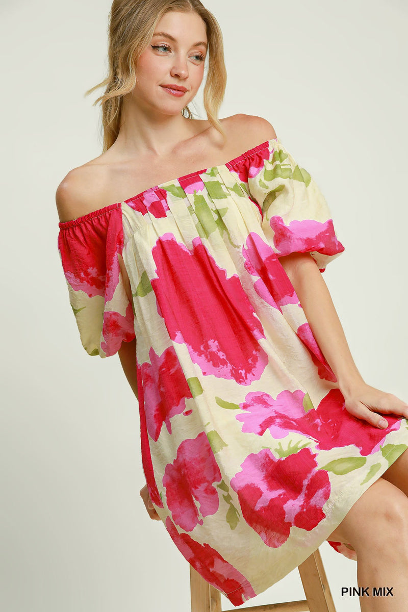 Waterfall Floral Print w/ Puff Sleeves Mini Dress - Pink