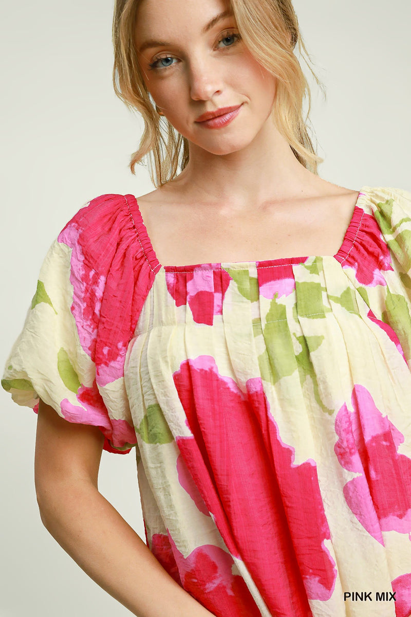 Waterfall Floral Print w/ Puff Sleeves Mini Dress - Pink