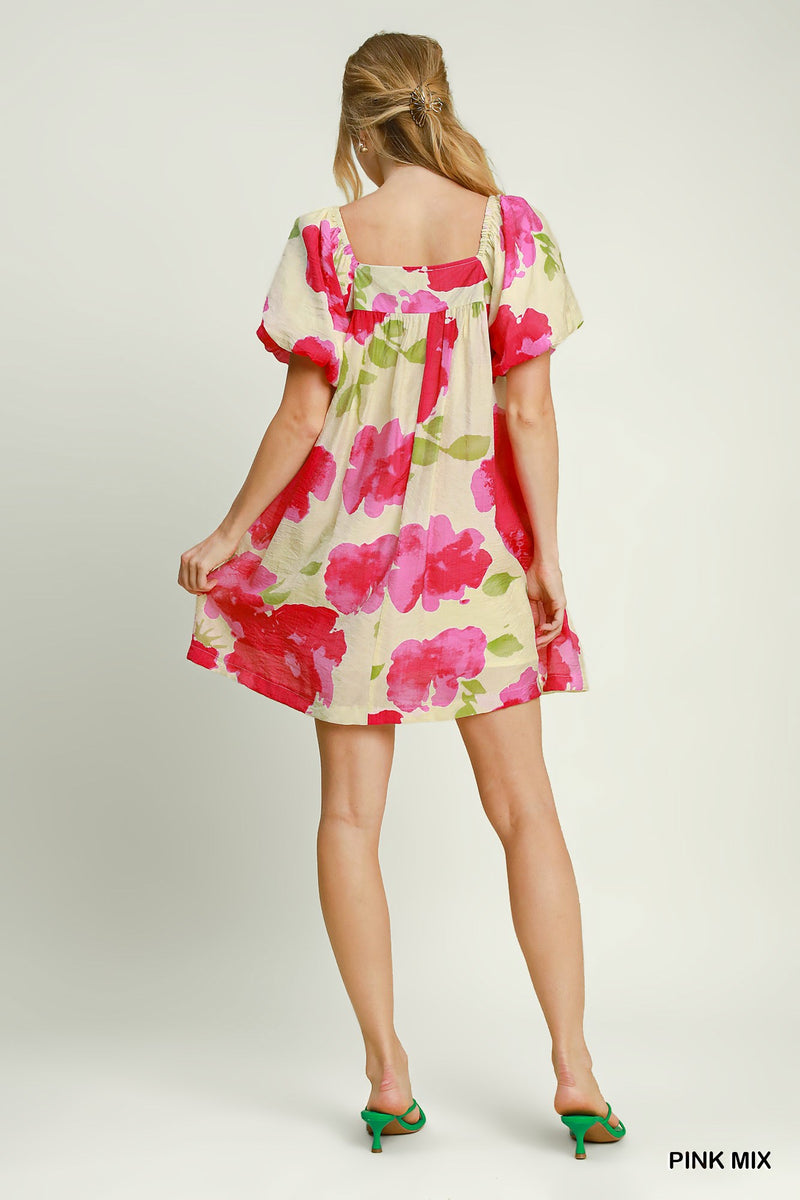 Waterfall Floral Print w/ Puff Sleeves Mini Dress - Pink
