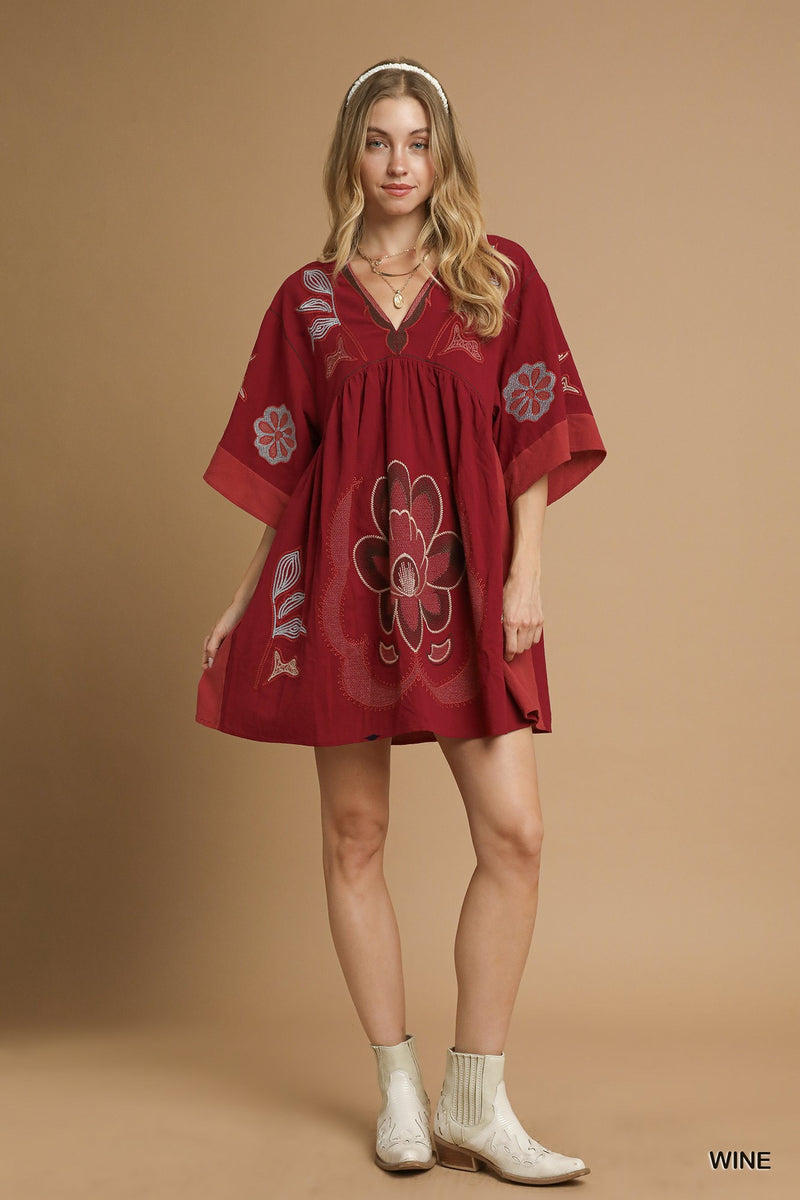 Bohemian Embroidered Kaftan Dress - Wine