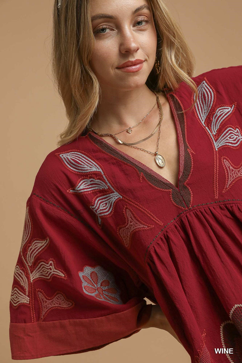 Bohemian Embroidered Kaftan Dress - Wine